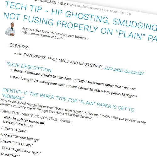 HP Ghosting from Incorrect Fuser Mode Tech Tip